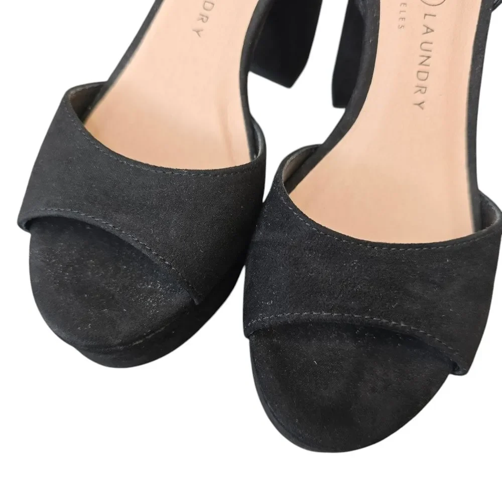 Chinese Laundry Women's 6 Theresa Black Suede Open Toe Chunky Platform Heels